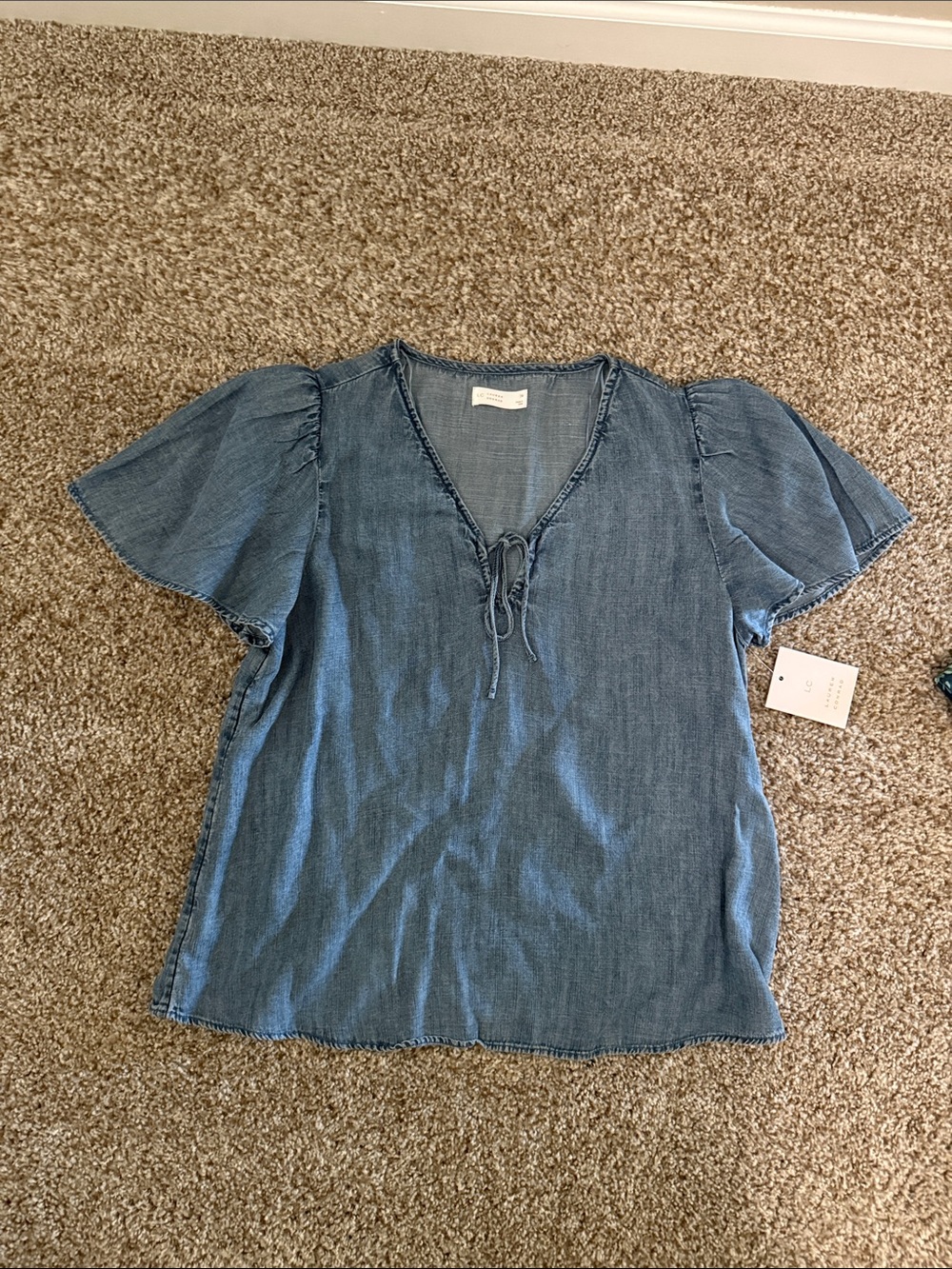 LC Lauren Conrad Denim Chambray V-Neck Tie-Front Blouse - Blue